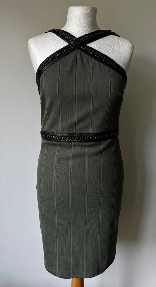 Topshop Olive Green Rib Bodycon Dress size  4, 6, 8, 10, 12, 14, 16 chain detail