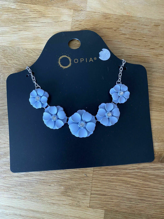 Primark Opia Flower Necklace blue Flowers Silver Plated Chain Costume Jewellery