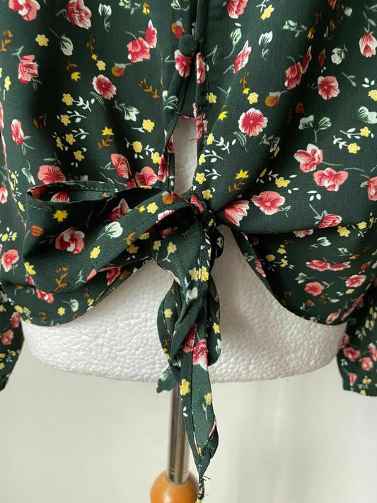 VILA Vi Forrest Button Tie Shirt Green Rose Flowers Size 14 UK / 42 EUR