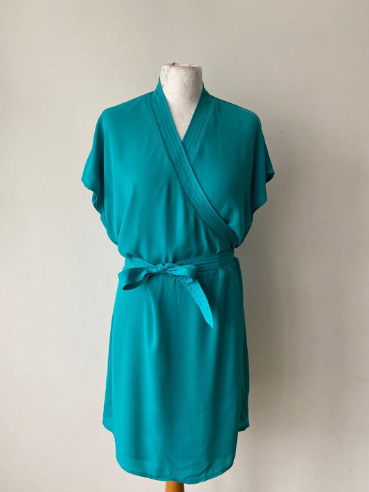 La Redoute Faux Wrap Tie Belt Oversized Dress Size 10 Metallic Thread Turquoise