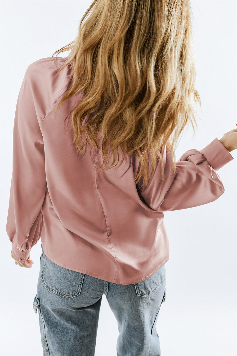 Pink Twist High Neck Puff Sleeve Satin Blouse