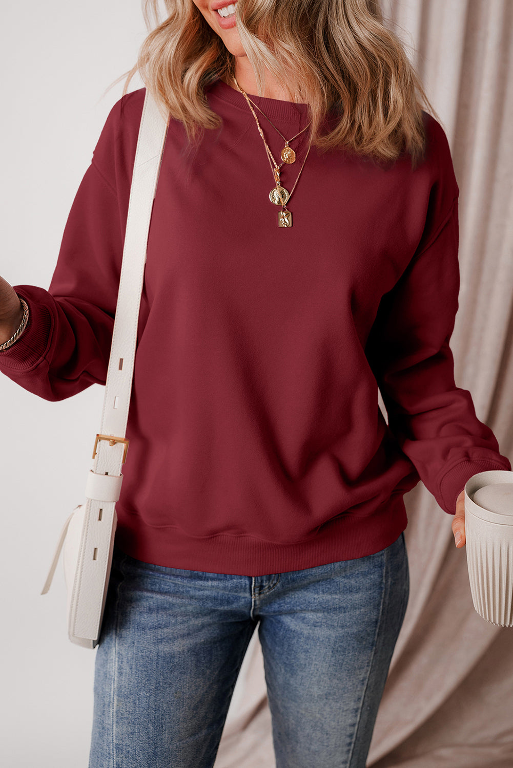 Russet Orange Solid Fleece Lined Drop Shoulder Terry Sweatshirt