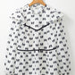 White Bow Knot Print Piping Trim Ruffled Crew Neck Blouse