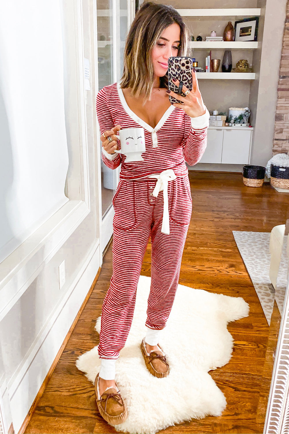 Red Stripe Buttoned V Neck Top and Knotted Waist Trousers Lounge Set