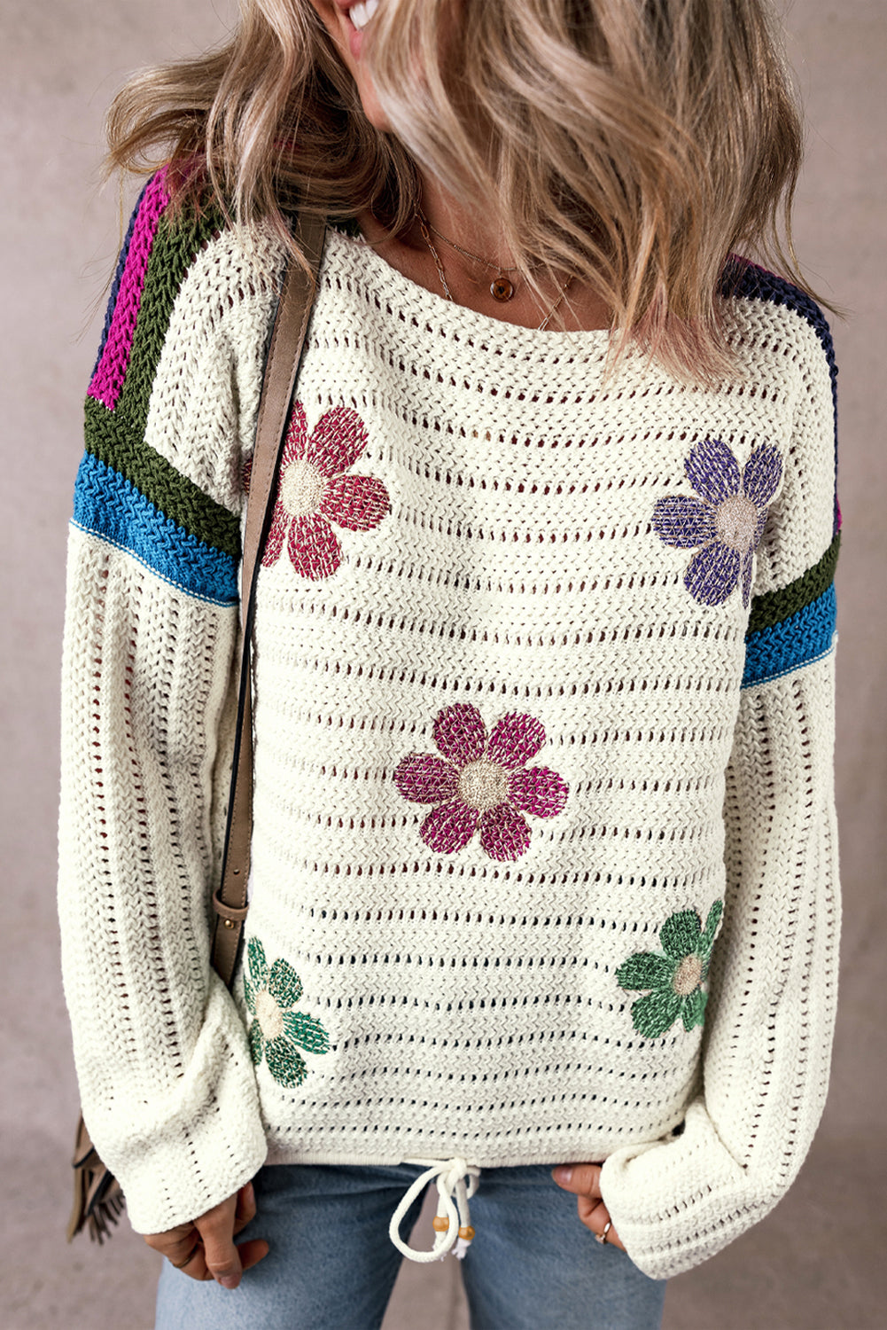 White Daisy Flower Pointelle Knit Sweater