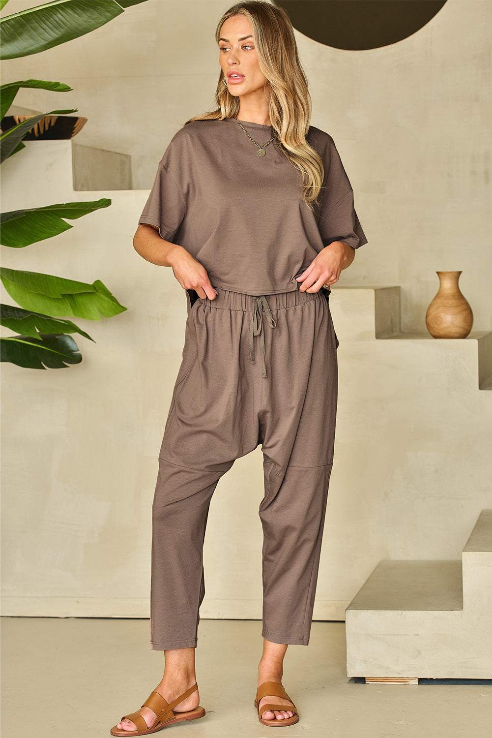 Simply Taupe High Low Boxy Fit Tee and Crop Trousers Set