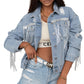 Sky Blue Sequin Embellished Fringe Distressed Denim Jacket