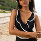 Black Color Contrast Ruffled Wrap V Neck Swimsuit