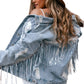 Sky Blue Sequin Embellished Fringe Distressed Denim Jacket