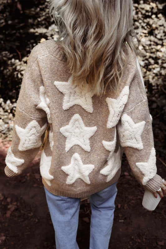 Pink Sherpa Star Pattern Textured Sweater Cardigan with Pockets