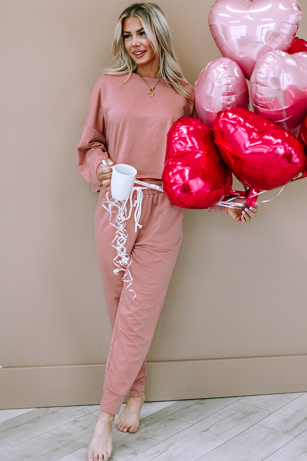 Pink Solid Sport Boxy Fit Pullover & Trousers Outfit