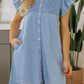 Beau Blue Flutter Sleeve Shirred Detail Button Up Denim Mini Dress