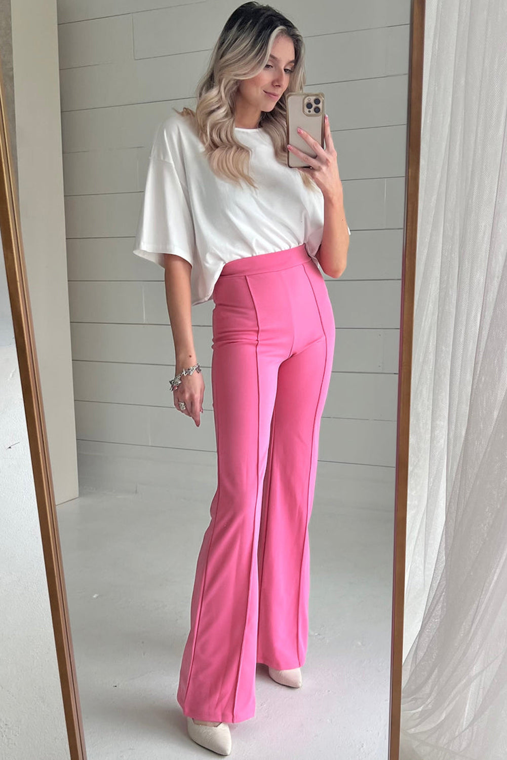 Sachet Pink High Waist Central Seam Flared Trousers