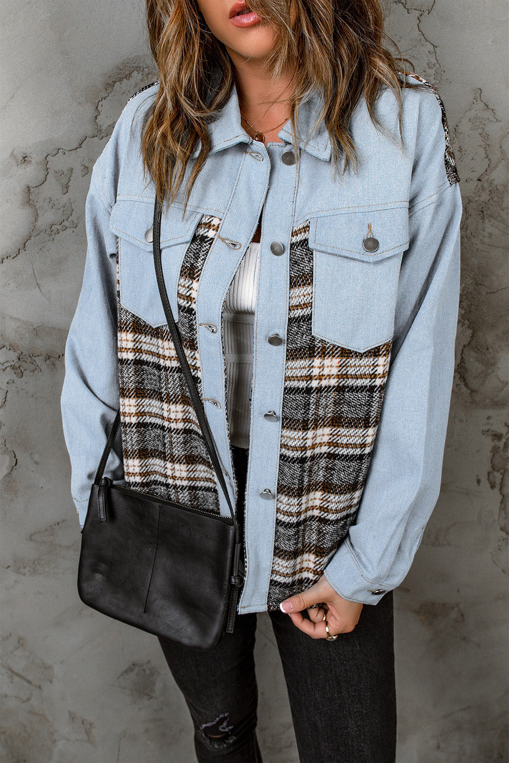 Black Plaid Patchwork Raw Hem Denim Jacket