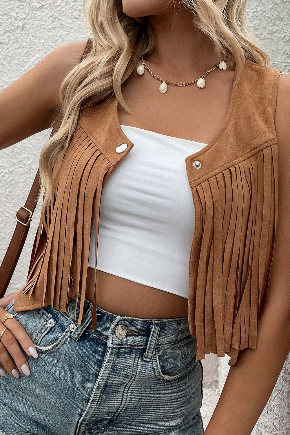 Camel Fringed Snap Button Front Suedette Sleeveless Jacket