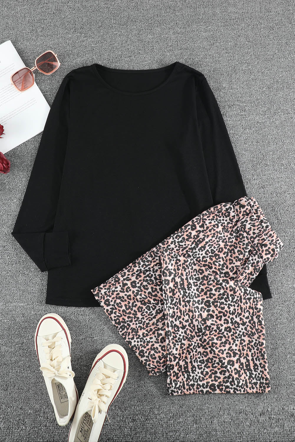 Long Sleeve Top and Leopard Print Trousers Lounge Set