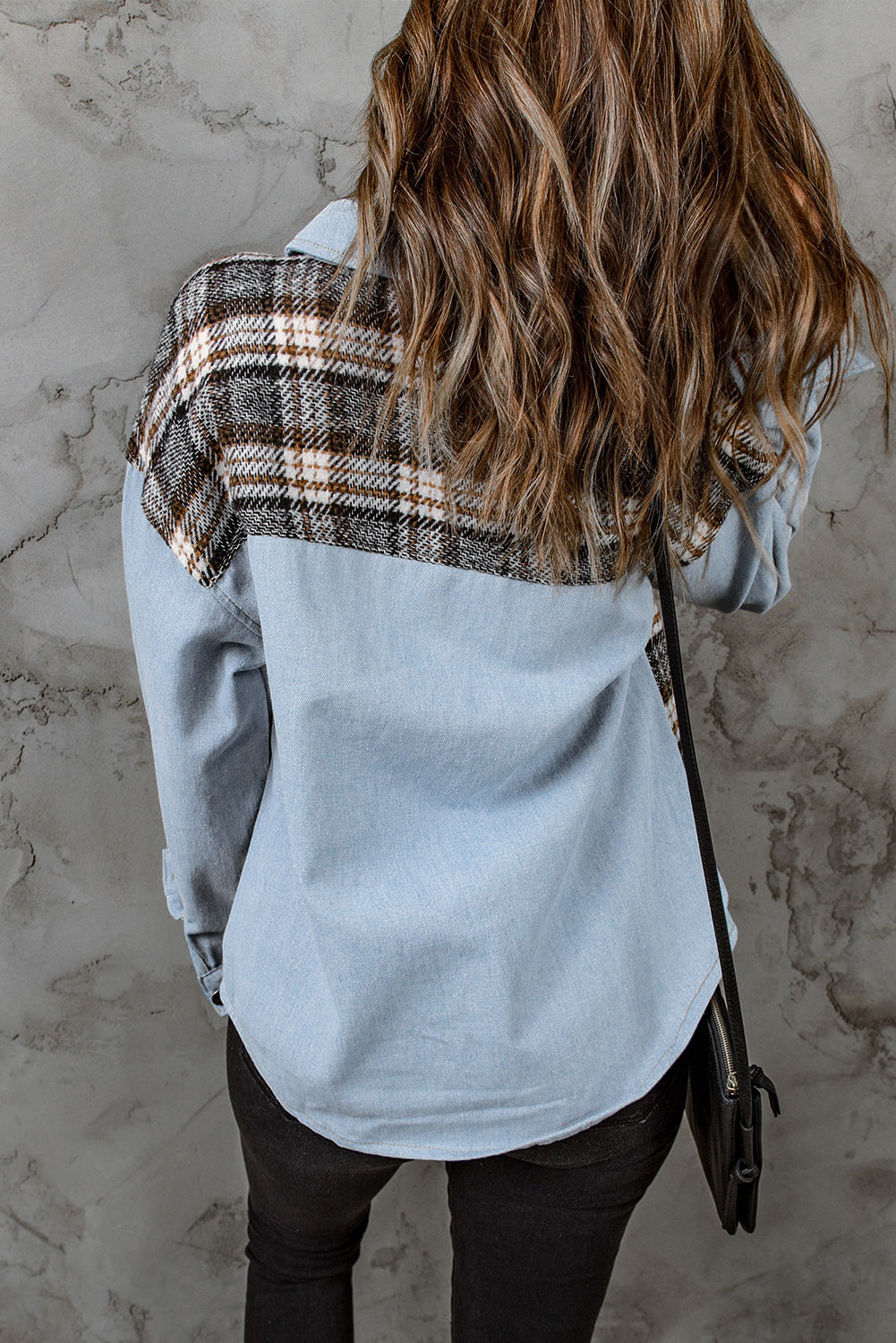 Black Plaid Patchwork Raw Hem Denim Jacket