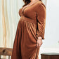 Camel Surplice V Neck Balloon Sleeve Velvet Dress