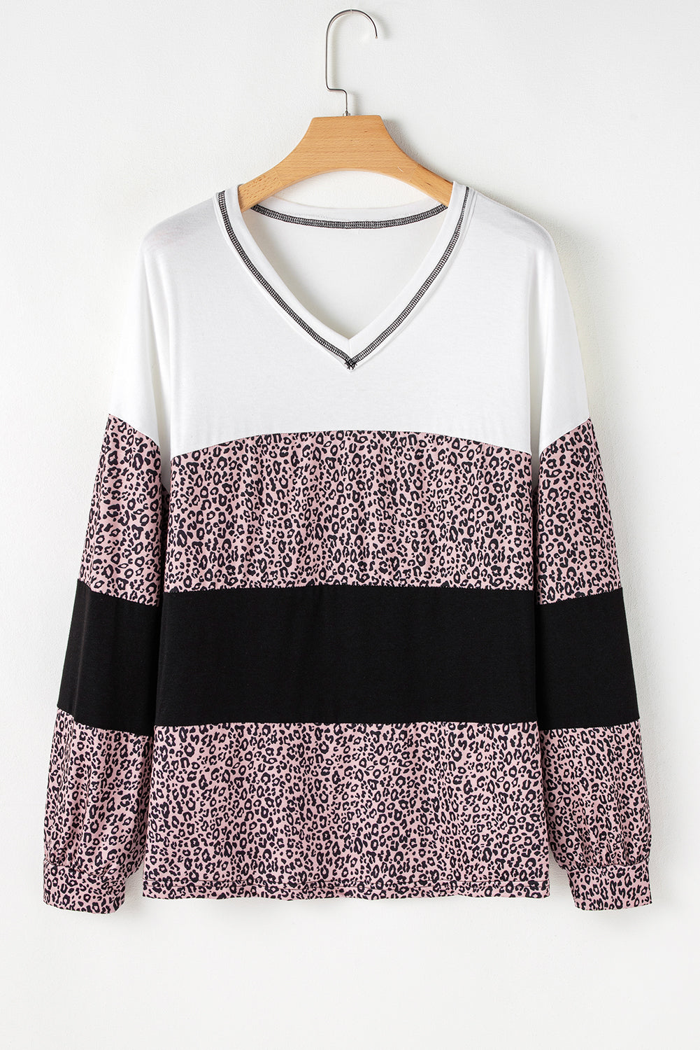 Black Leopard Print Colourblock V Neck Long Sleeve Plus Size Top