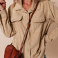 Light French Beige Solid Frilled Flap Pocket Button Up Corduroy Shacket