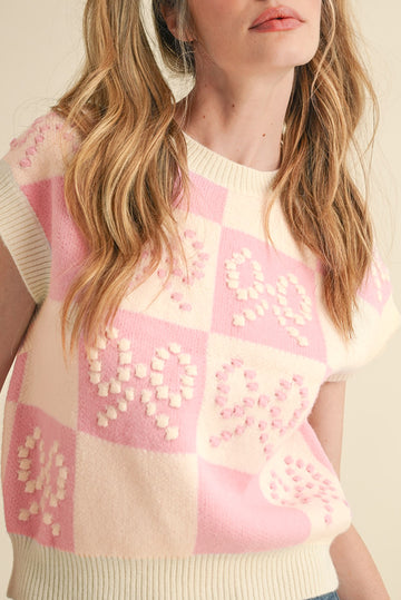 Pink Preppy Bow Detail Checkered Sweater Vest