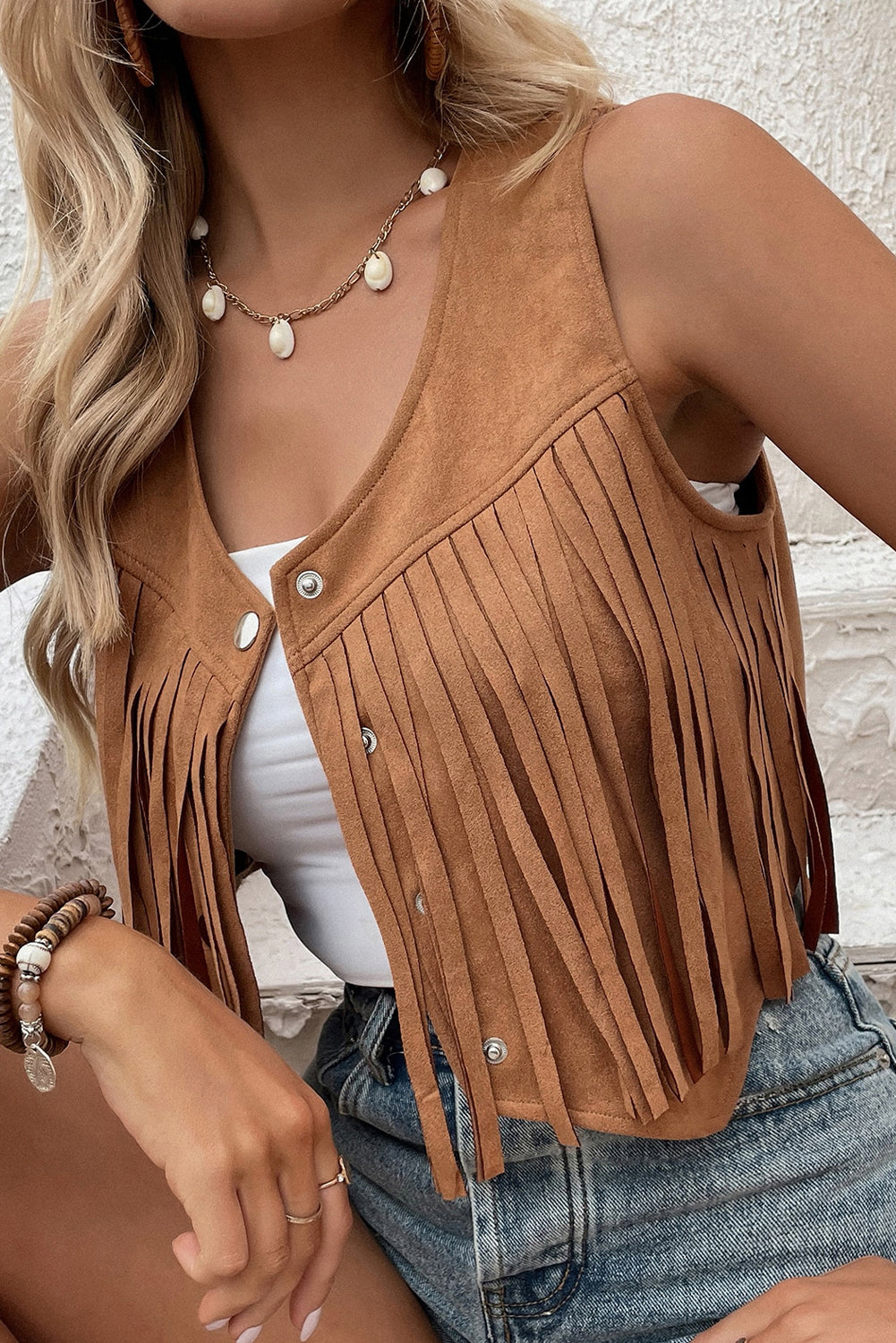 Camel Fringed Snap Button Front Suedette Sleeveless Jacket