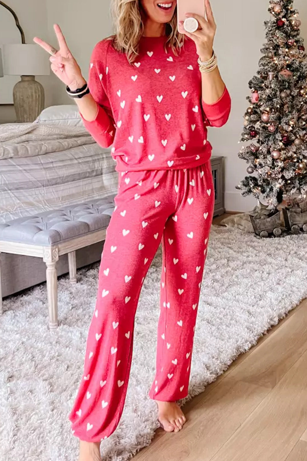 Fiery Red Valentines Heart Print Trousers Set