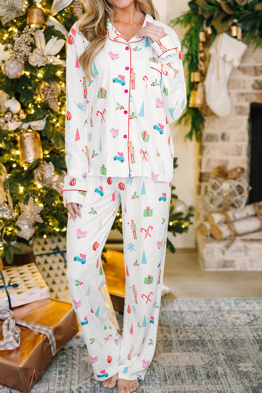 White Christmas Print Lapel Shirt and Trousers Sleepwear