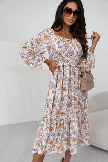 Multicolor Floral Smocked Long Sleeve Pocketed Dress