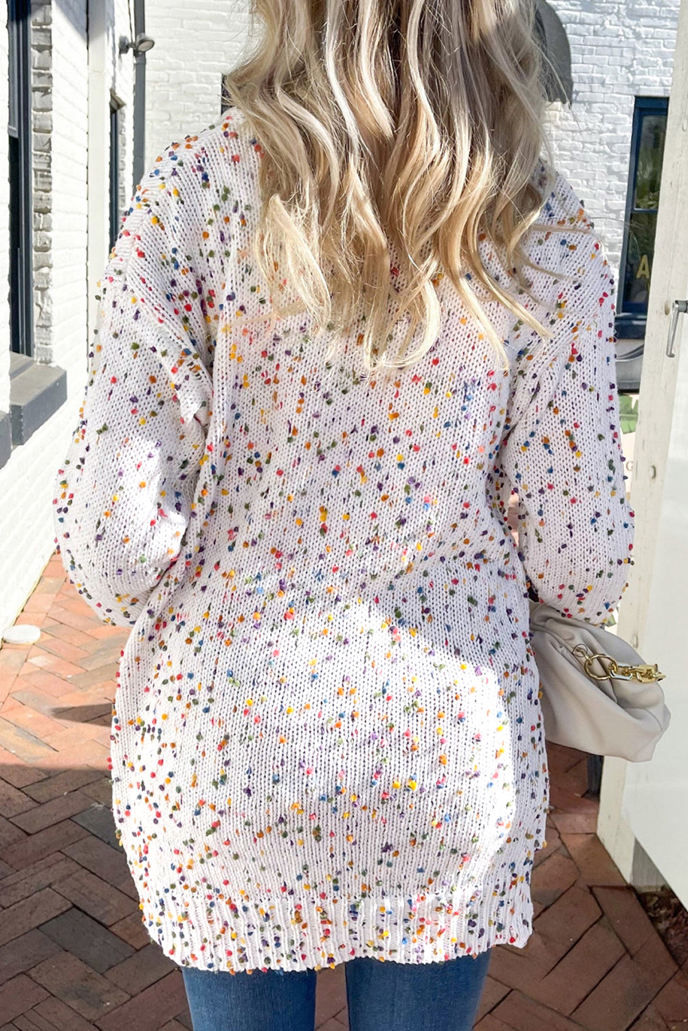 White Multicolour Dotted Rib Knit Long Sleeve Cardigan