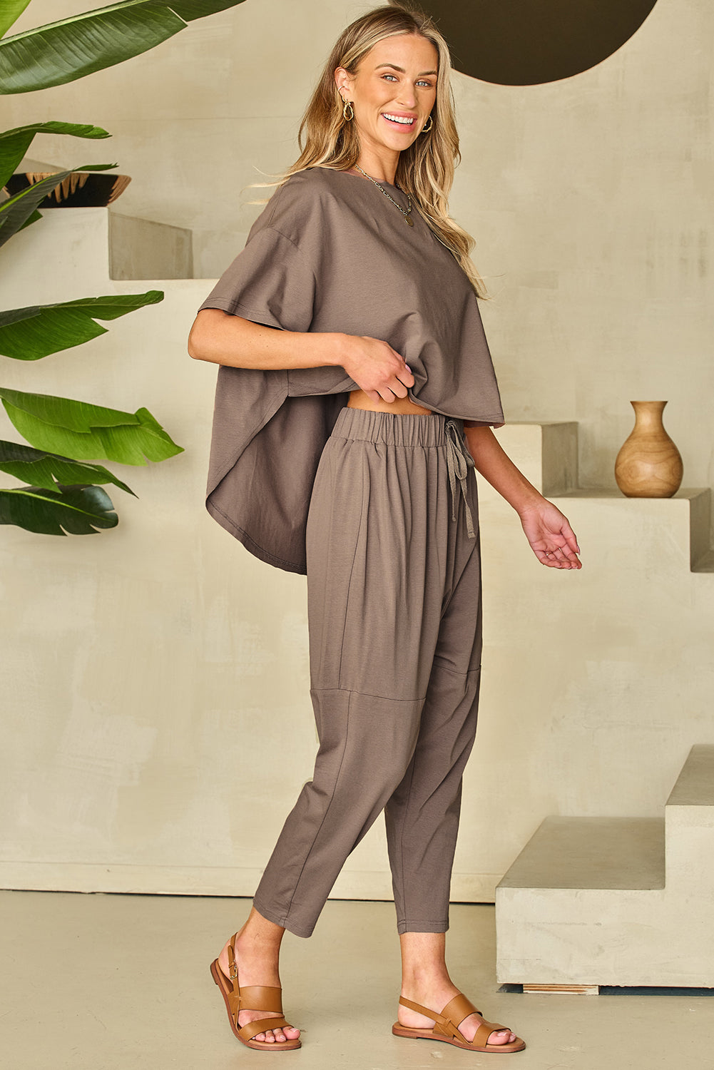 Simply Taupe High Low Boxy Fit Tee and Crop Trousers Set