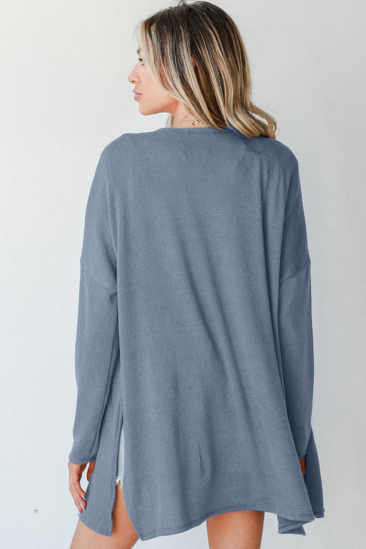 Ashleigh Blue Solid Colour Rib Knit Open Front Tunic Cardigan