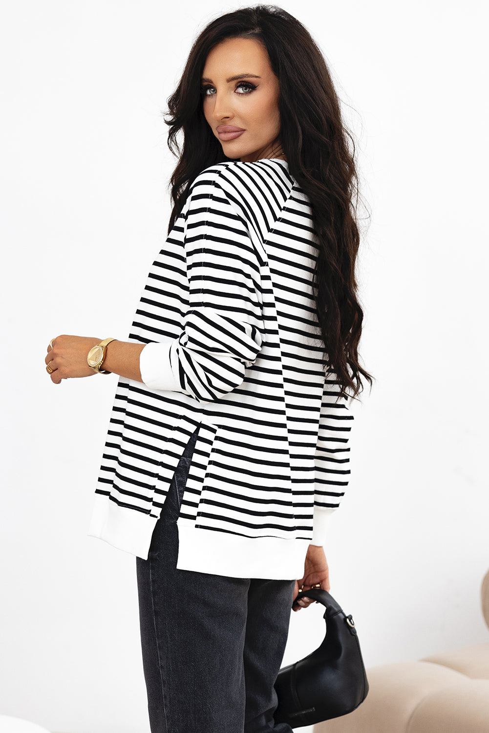 Black Stripe Raglan Sleeve Side Slits Loose Sweatshirt