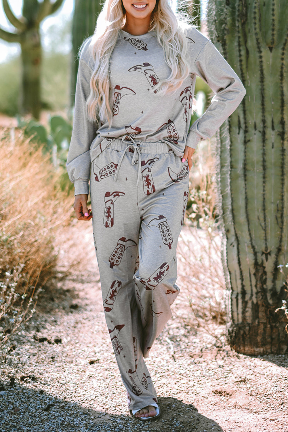 Grey Cowgirl Boots Printed Long Sleeve Top Trousers Lounge Set