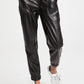 Black Faux Leather Ankle Smocked Waist Drawstring Joggers