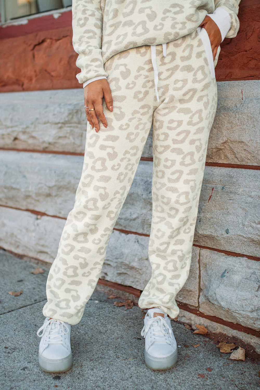 White Leopard Pullover and Drawstring Trousers Lounge Set