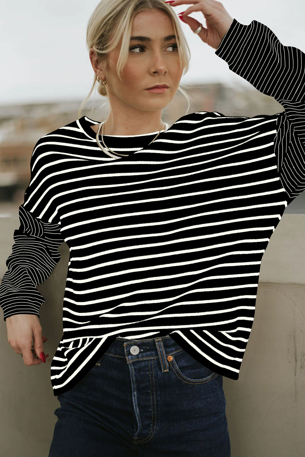 Black Striped Patchwork Loose Long Sleeve Tee