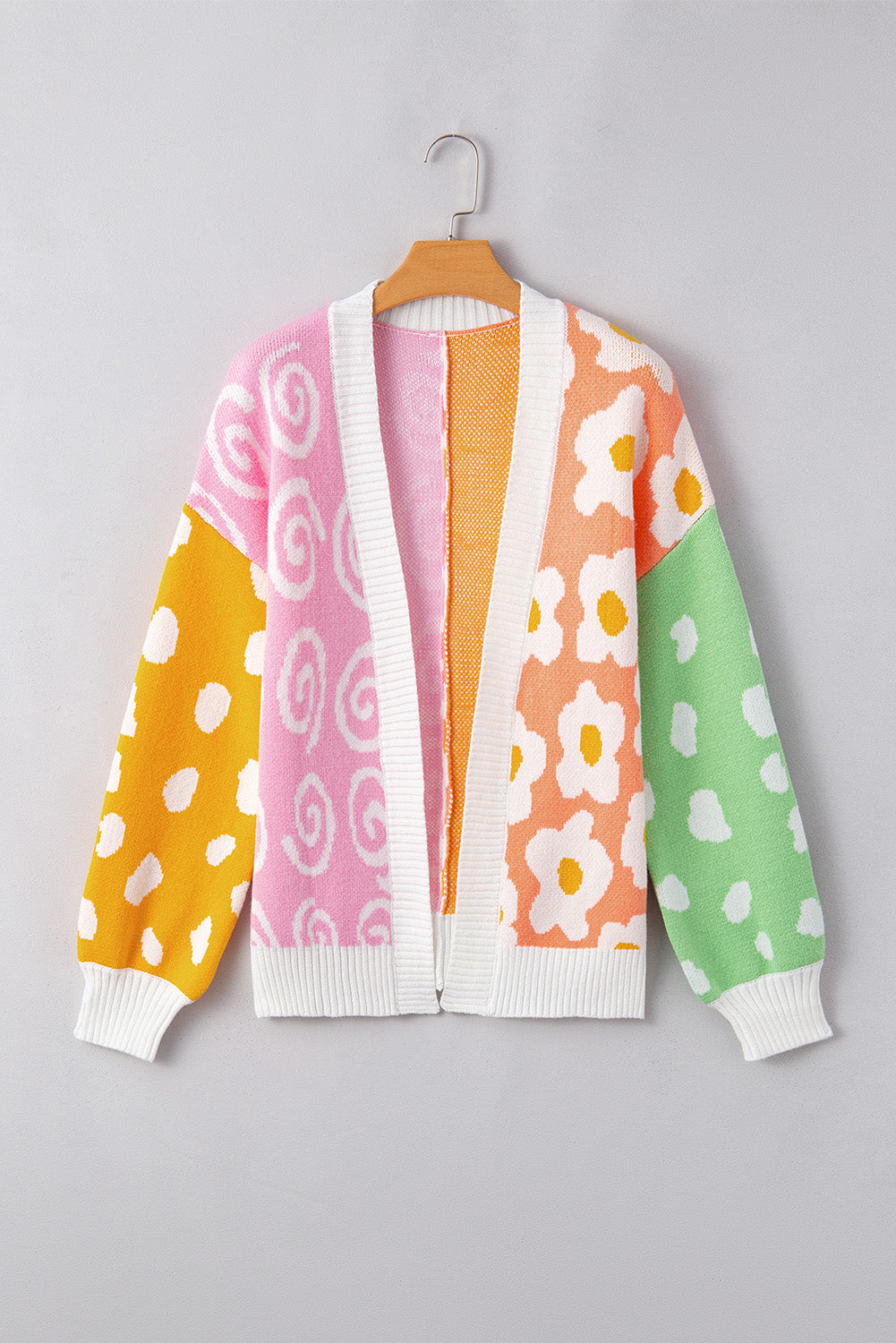 Orange Flower & Dotted Mixed Print Colourblock Open Front Cardigan