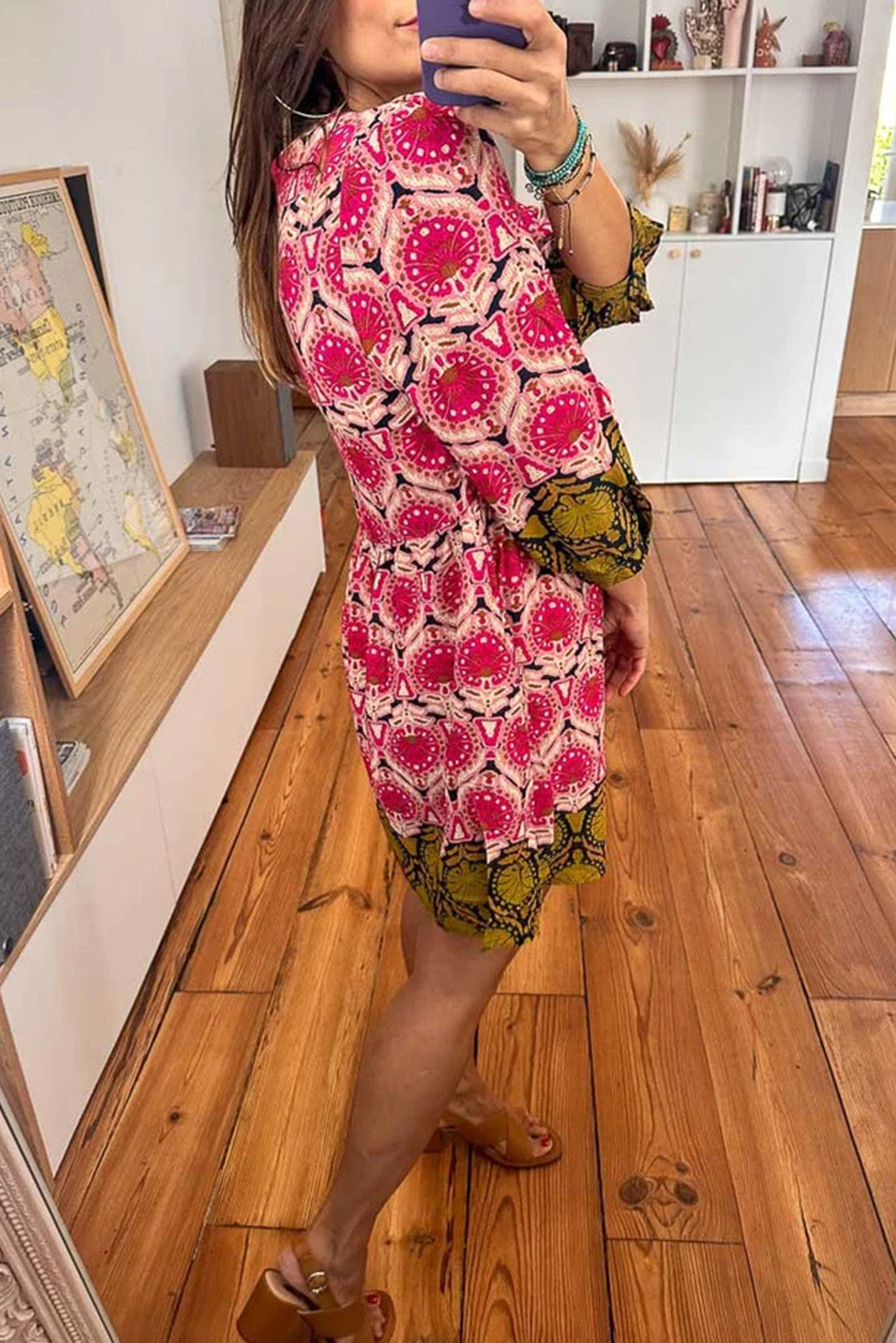 Strawberry Pink Retro Printed V Neck Bracelet Sleeve Dress