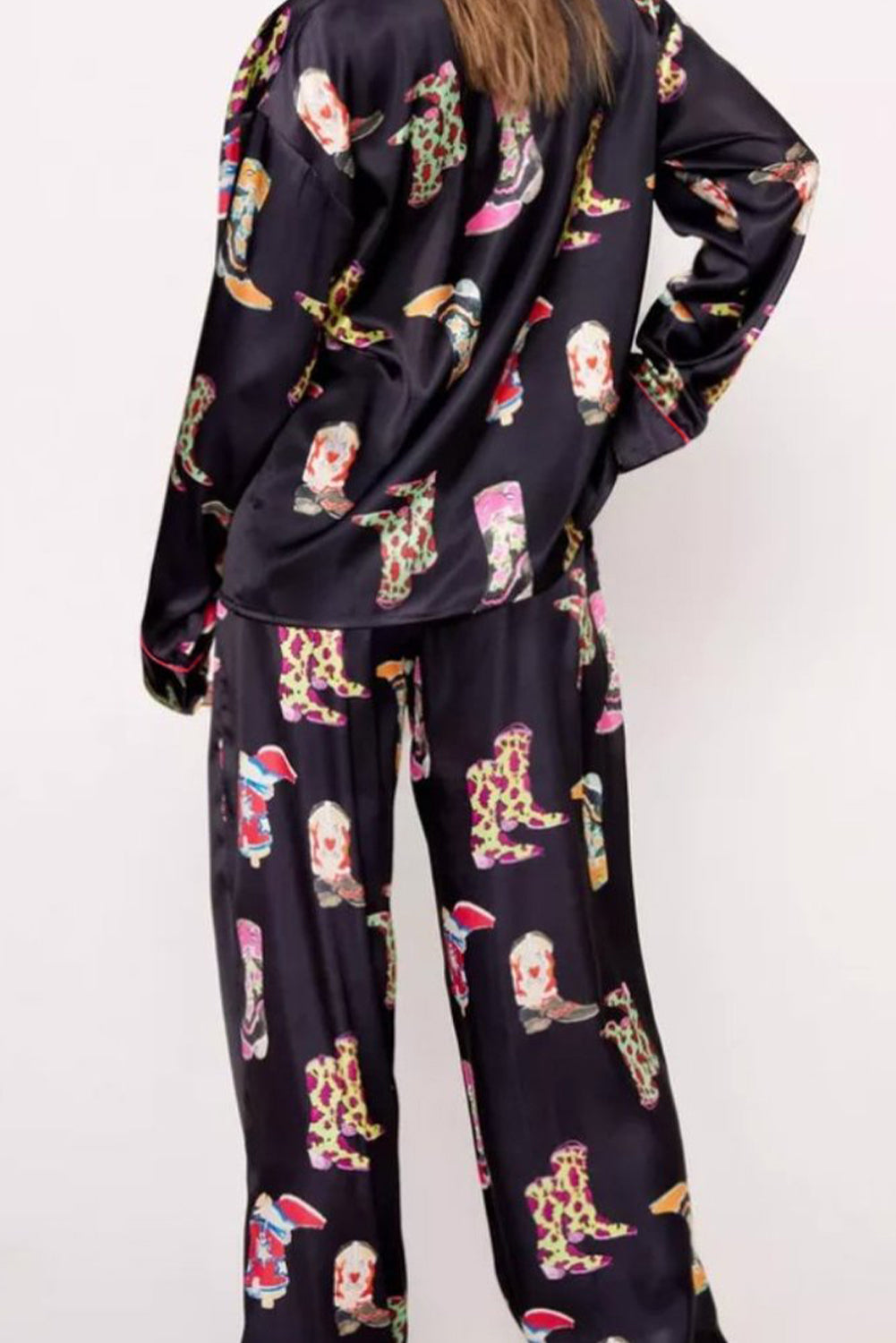 Black Western Cowgirl Boots Printed Satin Long Pyjamas Set