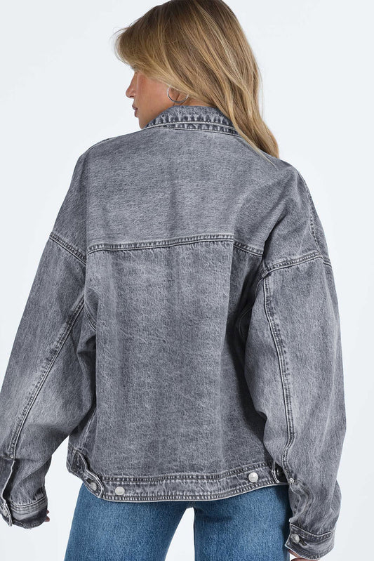 Grey Chest Pockets Drop Shoulder Loose Denim Jacket