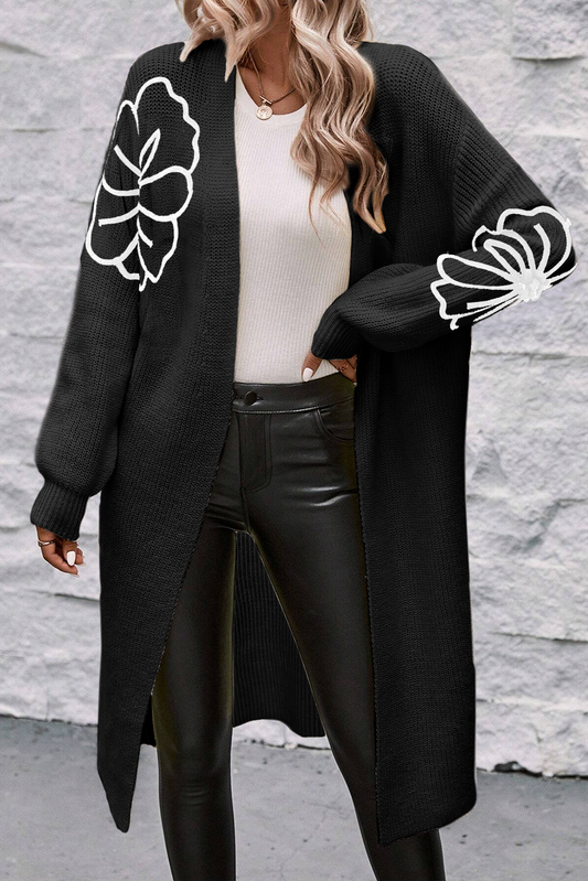 Black Flower Embroidered Drop Shoulder Open Front Duster Cardigan