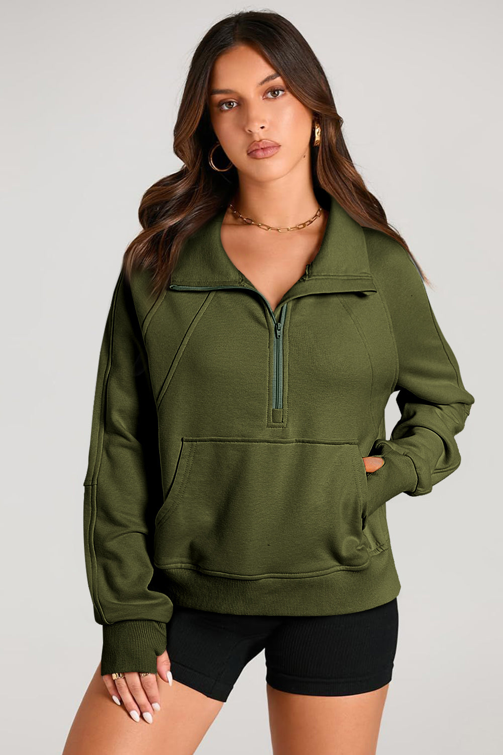 Valerian Quarter Zip Stand Neck Kangaroo Pocket Sweatshirt