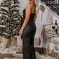 Black Sequined Tube Top Waist Knot Wide Leg Jumpsuit