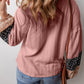 Dusty Pink Floral Patchwork Textured Knit Drawstring V Neck Blouse