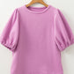 Phalaenopsis Solid Textured O Neck Puff Sleeve Blouse