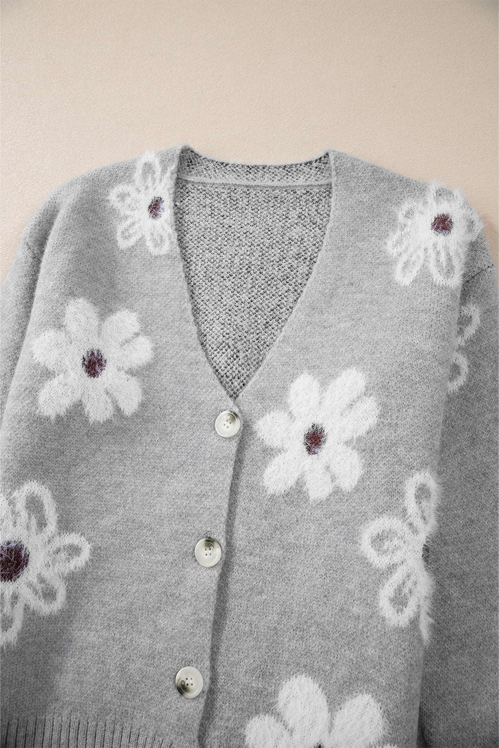 Light Grey Floral Print V Neck Knitted Button up Cardigan