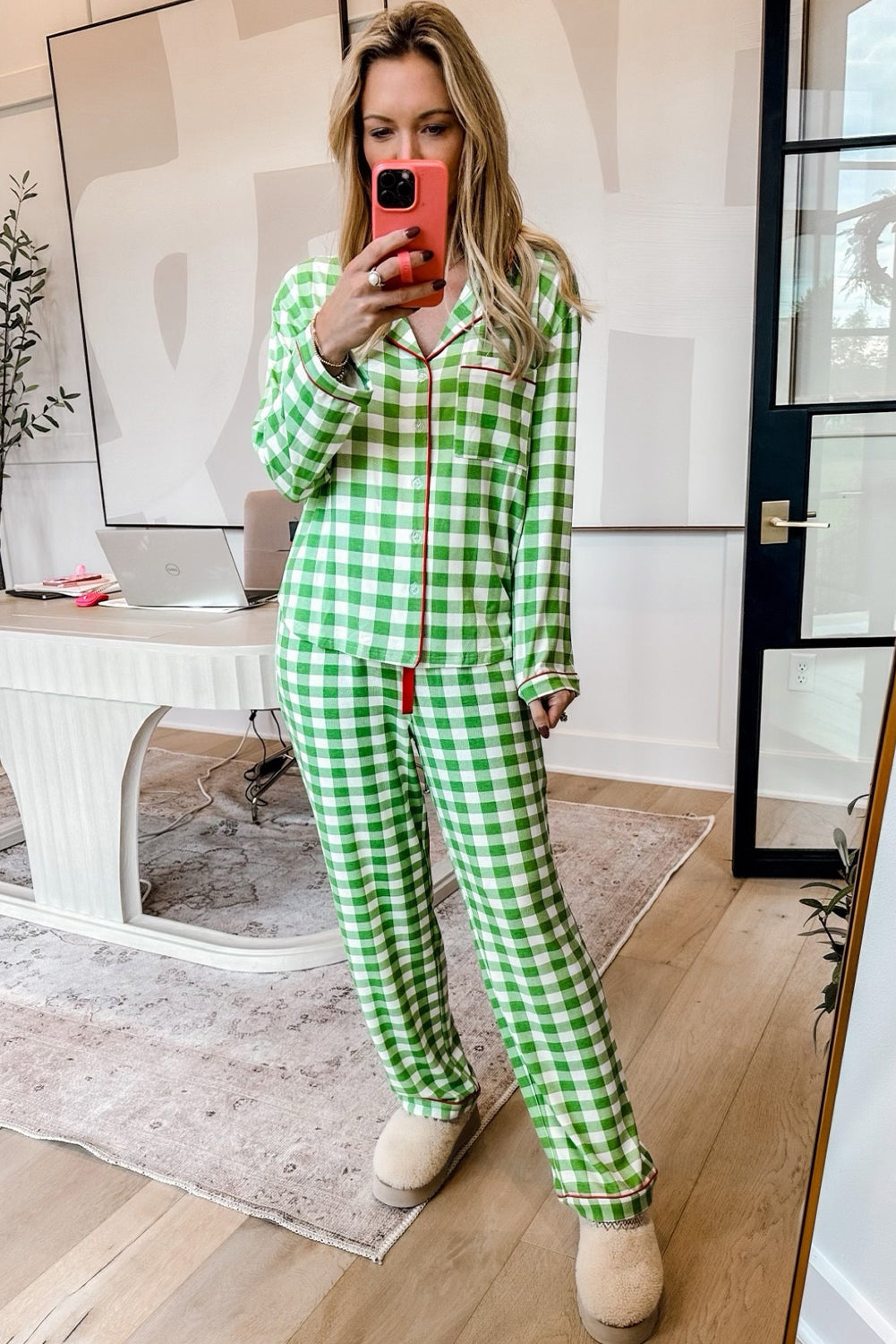 Light Green Christmas Plaid Print Shirt and Trousers Pyjamas Set