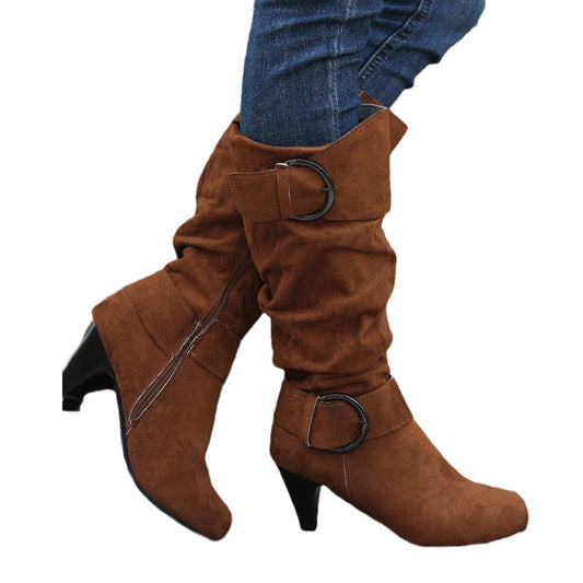 Buckle Strap Side Zip Heeled Mid Calf Boots