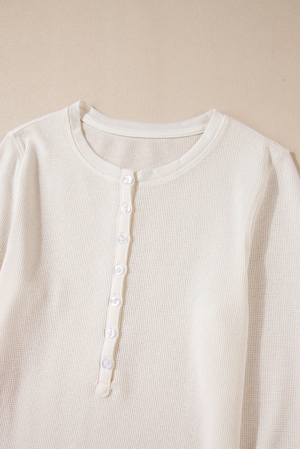 White Solid Colour Waffle Half Button Long Sleeve Top